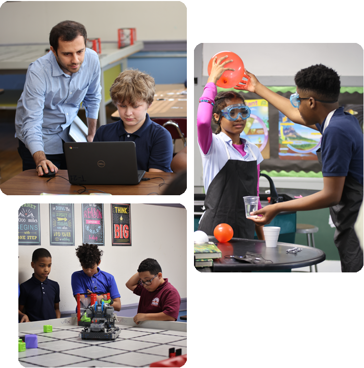 Students engaged in various activities in a science lab, showcasing teamwork and experimentation