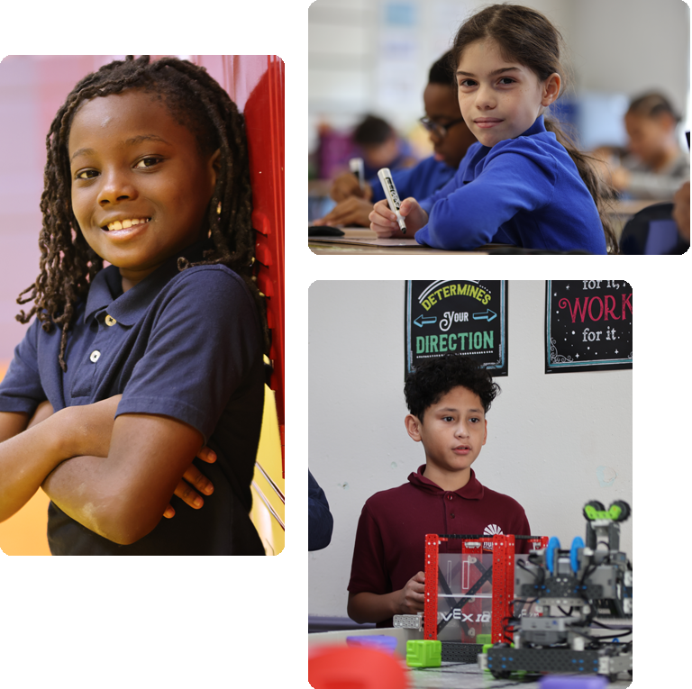 Students engaged in learning and interacting in a classroom collage